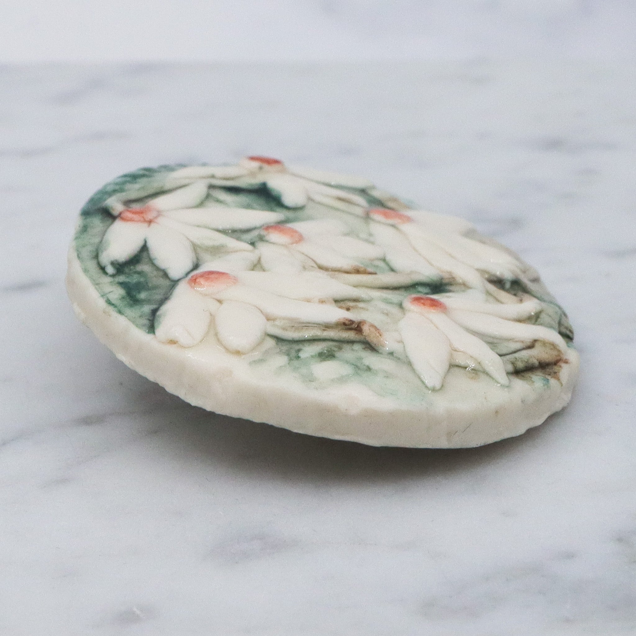 Vintage handmade porcelain white flower plaque brooch